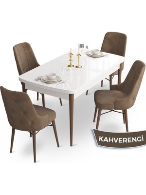 Canisa Concept Ahu Serisi 80 x 132 cm Açılabilir Beyaz Masa Ceviz Ayak Mutfak Masa Takımı 4 Sandalye