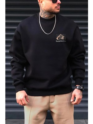 Millionaire Erkek Siyah Arid Mountain Baskılı 0 Sıfır Yaka Oversize Salaş Bol Kesim Polar Sweatshirt