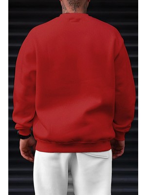 Millionaire Erkek Kırmızı Basic 0 Sıfır Yaka Baskısız Düz Oversize Salaş Bol Kesim Polar Sweatshirt