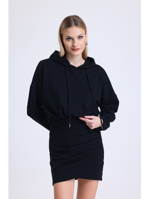 MuuBs Trend Kapüşonlu Beli Lastikli Drapeli Mini Sweat Elbise