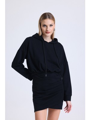 MuuBs Trend Kapüşonlu Beli Lastikli Drapeli Mini Sweat Elbise