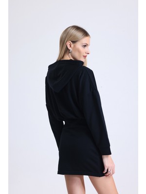 MuuBs Trend Kapüşonlu Beli Lastikli Drapeli Mini Sweat Elbise