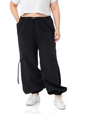 Disentis Modest Büyük Beden Beli  Paçası Lastikli Kargo Cepli Siyah Paraşüt Pantolon