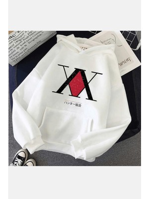 Populus Hunter x Hunter Logo Beyaz Kapşonlu Sweatshirt