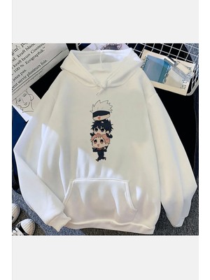 Populus Jujutsu Kaisen Chibi Beyaz Kapşonlu Sweatshirt