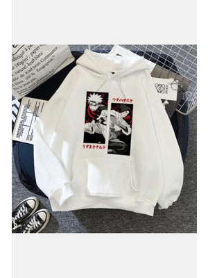 Populus Naruto And Sasuke Beyaz Kapşonlu Sweatshirt