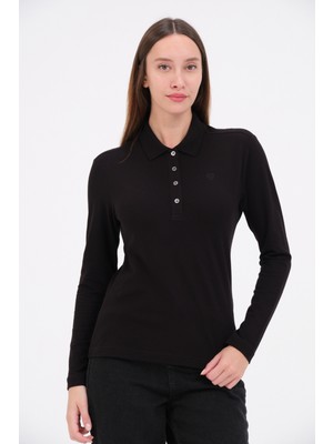 Msw Siyah Bayan Regular Fit Uzun Kollu Polo Yaka Tişört Rahat Kesim ve Düz Renk Tasarım