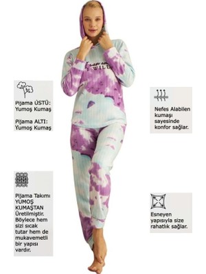 Bie's Kadın Batik Desen Kapüşonlu Fitilli Polar Bilek Manşetli Kışlık Jogger Pijama Takımı