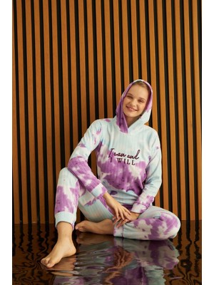 Bie's Kadın Batik Desen Kapüşonlu Fitilli Polar Bilek Manşetli Kışlık Jogger Pijama Takımı