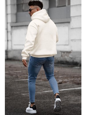 Millionaire Erkek Kırık Beyaz Krem Ekru Spectacular Baskılı 3 Iplik Şardonlu Kapüşonlu Kanguru Cepli Oversize Salaş Hoodie Sweatshirt