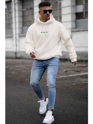 Millionaire Erkek Kırık Beyaz Krem Ekru Spectacular Baskılı 3 Iplik Şardonlu Kapüşonlu Kanguru Cepli Oversize Salaş Hoodie Sweatshirt
