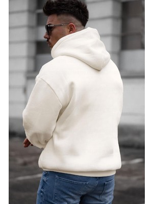 Millionaire Erkek Kırık Beyaz Krem Ekru Spectacular Baskılı 3 Iplik Şardonlu Kapüşonlu Kanguru Cepli Oversize Salaş Hoodie Sweatshirt