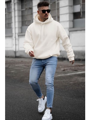 Millionaire Erkek Kırık Beyaz Krem Ekru Düz Kapüşonlu Oversize 3 Iplik Şardonlu Salaş Bol Kesim Hoodie Sweatshirt