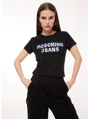Moschino Bisiklet Yaka Baskılı Siyah Kadın T-Shirt A0701
