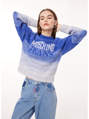 Moschino Jeans Bisiklet Yaka Normal Baskılı Mavi Kazak Kadın J0919