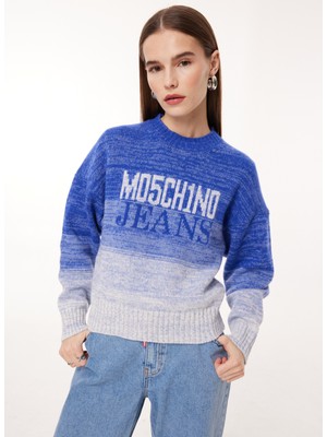 Moschino Jeans Bisiklet Yaka Normal Baskılı Mavi Kazak Kadın J0919