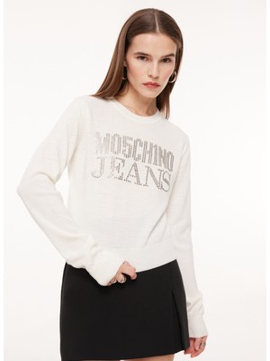 Moschino Jeans Bisiklet Yaka Normal Baskılı Beyaz Kazak Kadın A0908