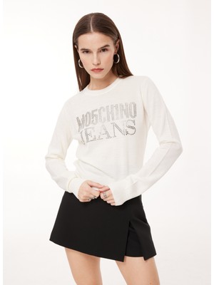 Moschino Jeans Bisiklet Yaka Normal Baskılı Beyaz Kazak Kadın A0908