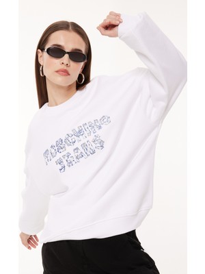 Moschino Jeans Bisiklet Yaka Baskılı Beyaz Kadın Sweatshırt A1703