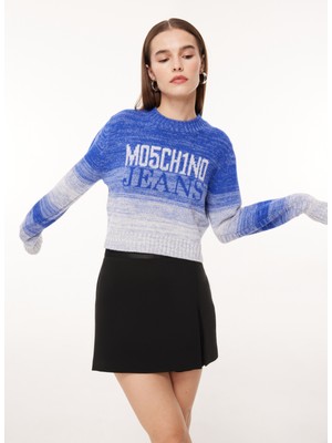 Moschino Jeans Bisiklet Yaka Normal Baskılı Mavi Kazak Kadın J0924