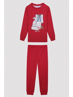 Penti Kız Çocuk Hidden Place Slogan Baskılı Termal Kırmızı Pijama Takımı