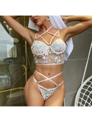 Angel Fashion Bayan Pudra Mint Çiçek Detaylı Büstiyer Takımı Iç Çamaşır Büstiyer Takımı Sütyen Takımı Sütyen