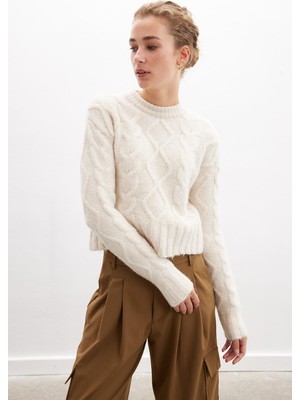 Peraluna Adelıne Sweater Bisiklet Yaka Saç Örgü Kadın Triko Kazak - Ekru