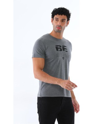 Erkek Antrasit Süprem Kumaş Yazı Baskılı Bisiklet Yaka Kısa Kollu T-Shirt - 147