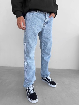 Abluka Online Baggy Fit Nakış İşlemeli Jean Mavi