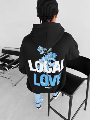 Abluka Online Oversize Local Love Baskılı Kapüşonlu Sweatshirt Siyah