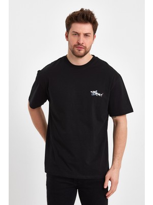 Uomo Park 2702-1 Basic 24X1 Süprem Oversize Ön Sol Göğüs Balık Baskılı T-Shirt