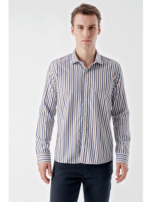 Morven  Erkek Kahve Trend Çizgili Panolu Italyan Yaka Slim Fit Gömlek