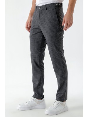 Morven  Erkek Füme Poliviskon Trend Ekoseli Slim Fit Classic Pantolon