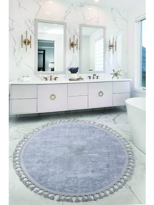 Bonny Home Nova Gri Yuvarlak 160X160 cm Ponpon Saçaklı Kaymaz Tabanlı Makinede Yıkanabilir Banyo Paspası
