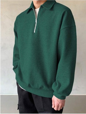 Genius Store Genıus Store erkek Polo Yaka Oversize Sweatshirt Yarım Fermuar Sweatshirt