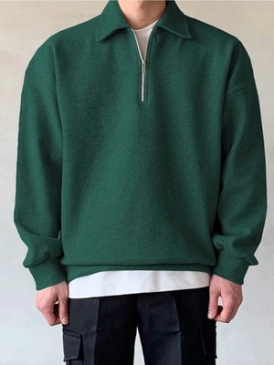 Genius Store Genıus Store erkek Polo Yaka Oversize Sweatshirt Yarım Fermuar Sweatshirt