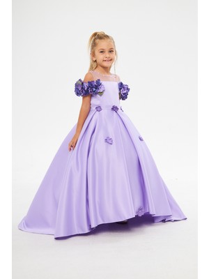 Zühre Balaban Lila Çiçekli Kız Çocuk Abiye Elbise A-Line Silüet Özel Olay İçin Şık Tasarım