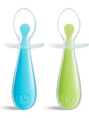 Munchkin Yumuşak Uçlu Alıştırma Kaşıkları – 6 Ay+, 2’li Set, Mavi/Yeşil, BPA İçermez, Masaya Değmeyen Özel Tasarım