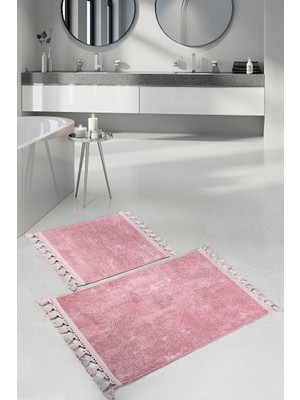 Bonny Home Nova Pembe 60X100 + 50X60 cm 2'li Köşeli Ponpon Saçaklı Banyo Halısı Kaymaz Yıkanabilir Paspas Seti