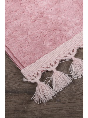 Bonny Home Nova Pembe 60X100 + 50X60 cm 2'li Köşeli Ponpon Saçaklı Banyo Halısı Kaymaz Yıkanabilir Paspas Seti