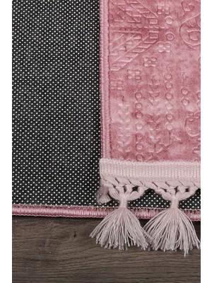 Bonny Home Nova Pembe 60X100 + 50X60 cm 2'li Köşeli Ponpon Saçaklı Banyo Halısı Kaymaz Yıkanabilir Paspas Seti