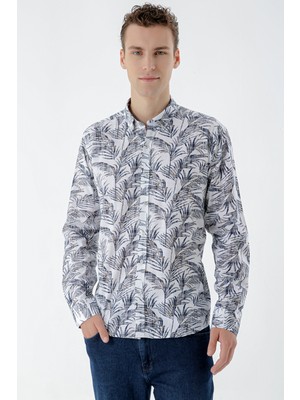 Morven  Erkek Lacivert Pamuk Baskılı Desen Slim Fit Gömlek