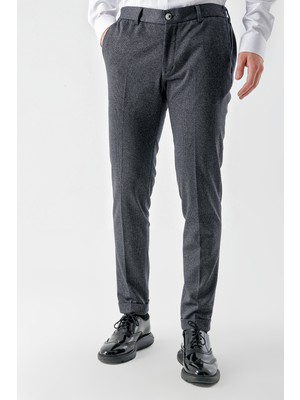 Morven  Erkek Açık Gri Poliviskon Trend Desenli Slim Fit Classic Pantolon