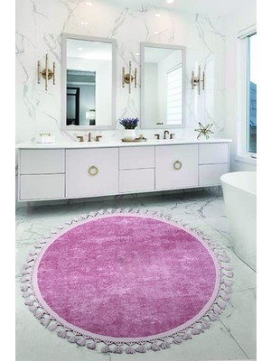 Bonny Home Nova Pembe Yuvarlak 100X100 cm Ponpon Saçaklı Kaymaz Tabanlı Makinede Yıkanabilir Banyo Paspası