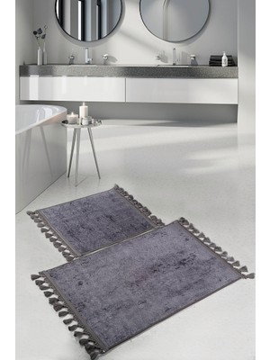 Bonny Home Nova Antrasit 60 x 100 cm - 50 x 60 cm 2'li Köşeli Ponpon Saçaklı Banyo Halısı Paspası Seti