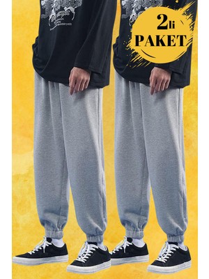BSBSPOR Erkek Eşofman Altı Bol Salaş Gri Siyah İkili Paket Spor Jogger Normal Bel