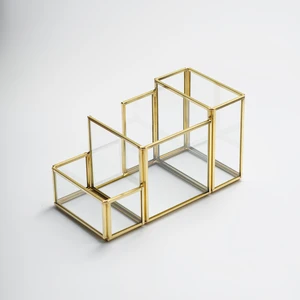 20x11x10cm Kalemlik Fırçalık Organizer Pirinç Gold Cam Ofis Dekoratif El Yapımı