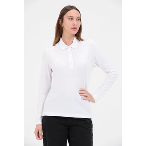 Kadın Regular Fit Uzun Kollu Polo Yaka Beyaz TShirt Düz Renk Şık Tasarım