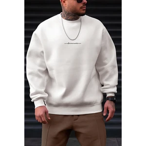 Erkek Kırık Beyaz Krem Ekru Dreamer Baskılı 0 Sıfır Yaka Oversize Salaş Bol Kesim Polar Sweatshirt