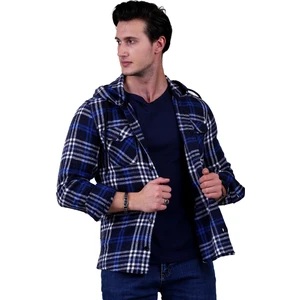 Exve Exclusive Mavi Beyaz Lacivert Ekoseli Kapüşonlu Çift Cep Yünlü Kışlık Oduncu Ceket Gömlek